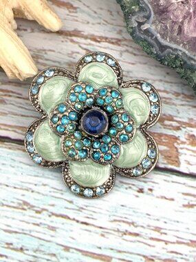 Sage Green Flower Blue Sparkles Pendant Brooch Costume Fashion Jewelry J1448